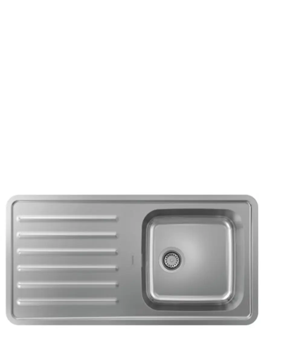 Edelstahl Einbauspüle von Hansgrohe mit einer Spüle und einer Abtropffläche. Die Oberfläche ist flach mit Rillen für das Abtropfen.